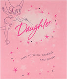 Disney Tinker Bell daughter birthday greeting card with colorful fairy design and whimsical illustration.