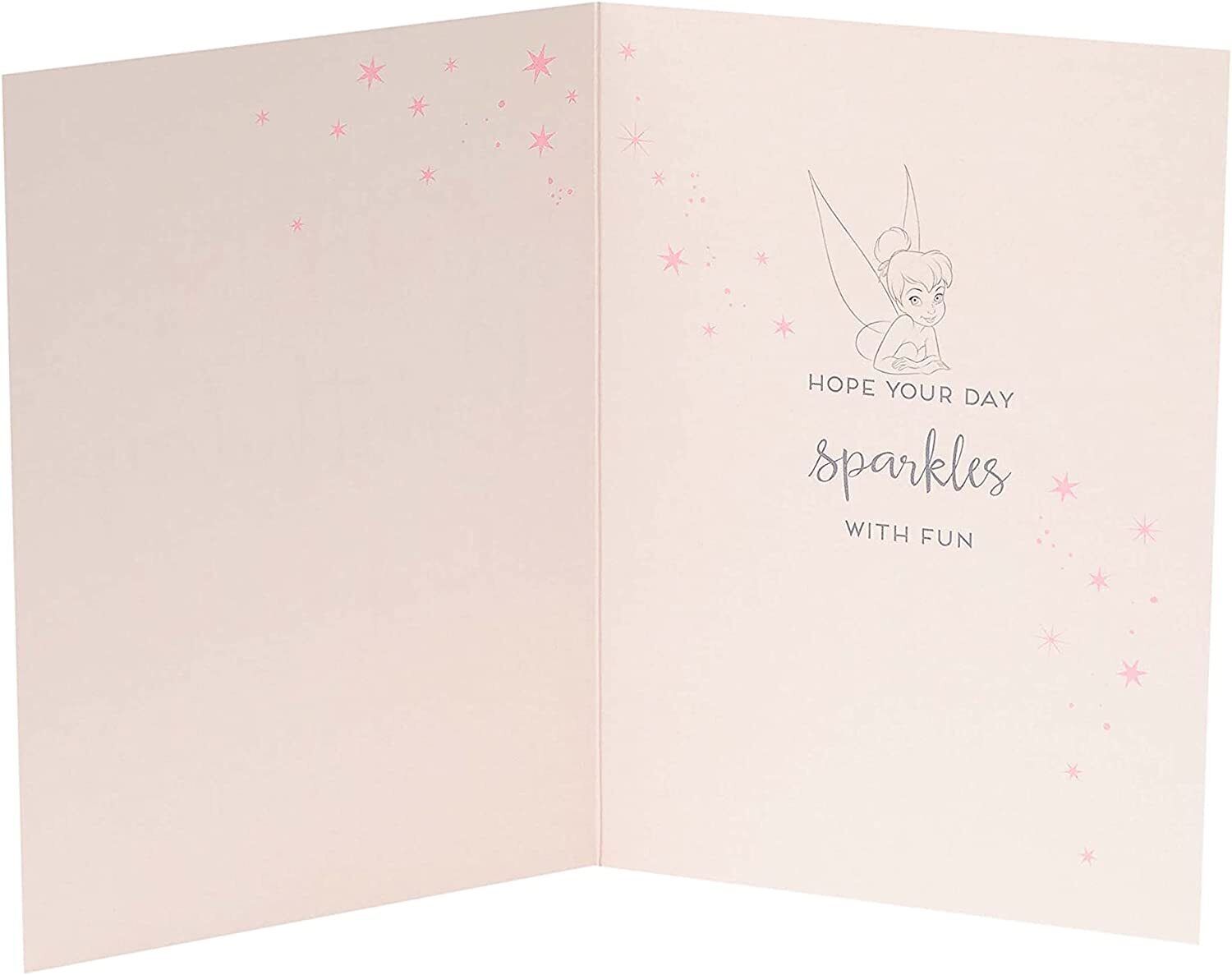 Disney Tinkerbell birthday greeting card from UK Greetings featuring Tinkerbell flying with a magical backdrop.