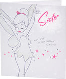 Disney Tinkerbell Sister birthday greeting card by UK Greetings featuring Tinkerbell with fairy design and floral accents.
