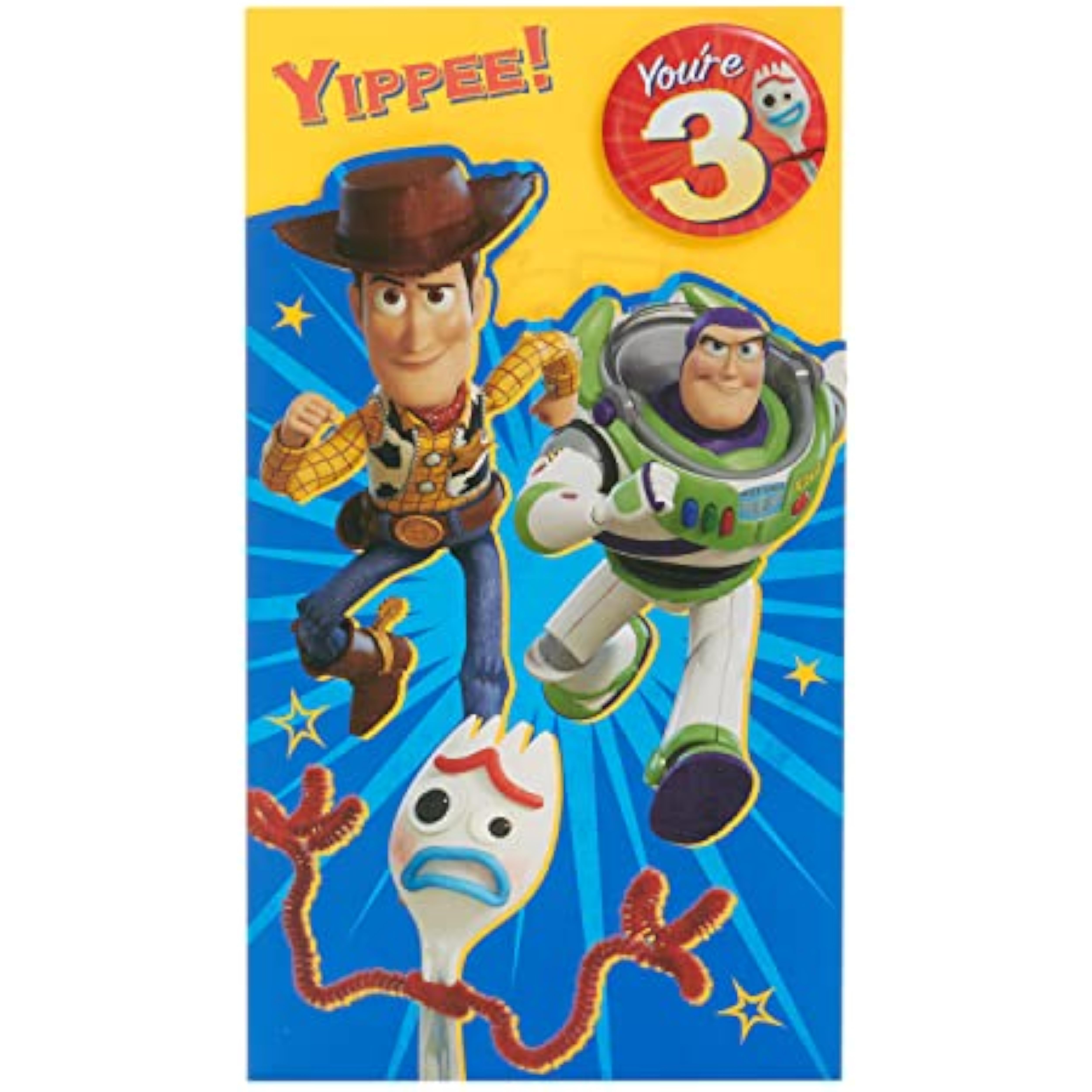 Disney Toy Story 3rd birthday greeting card featuring Woody and Buzz Lightyear, perfect for celebrating a child's special day.