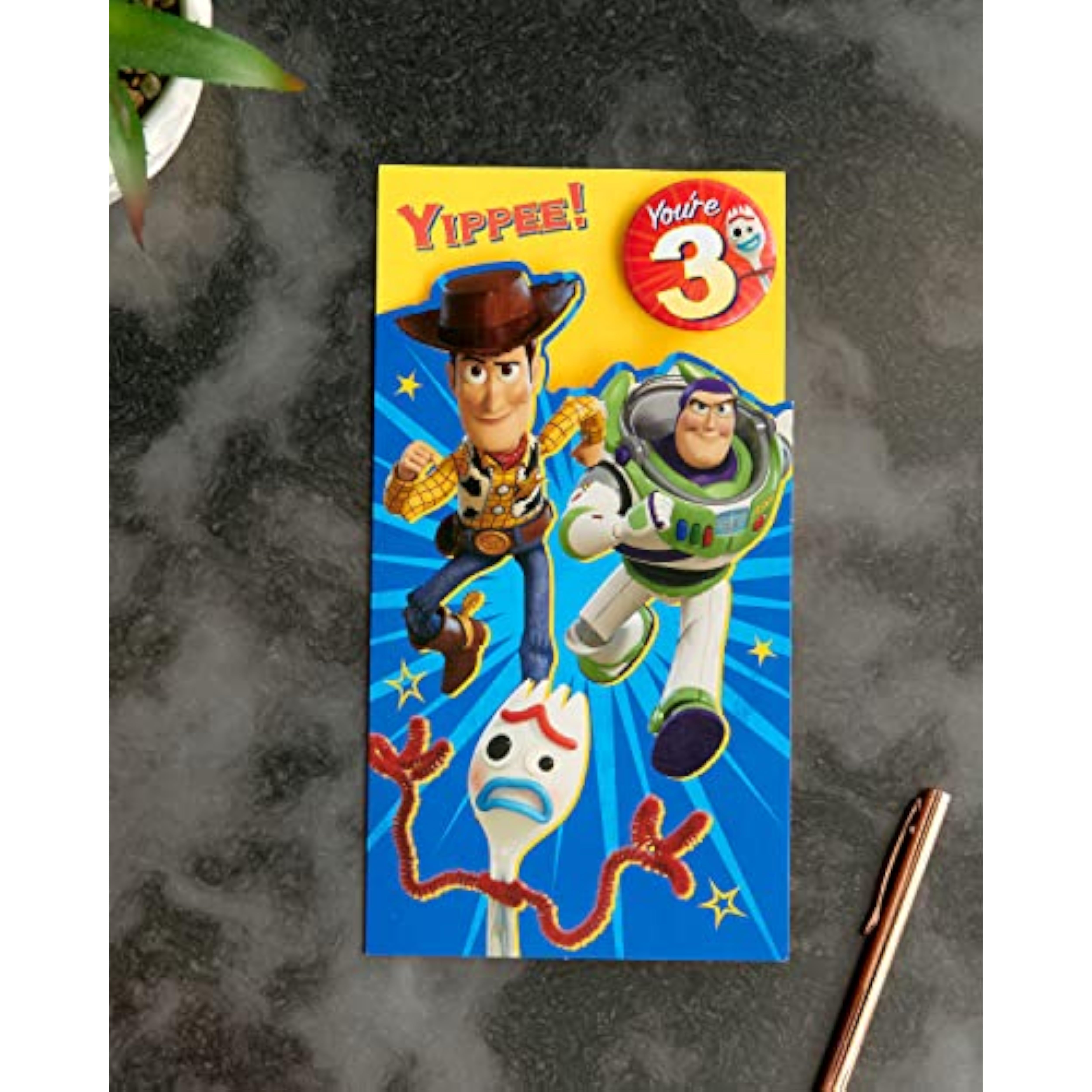 Disney Toy Story birthday greeting card featuring Woody and Buzz for a 3rd birthday, UK Greetings.