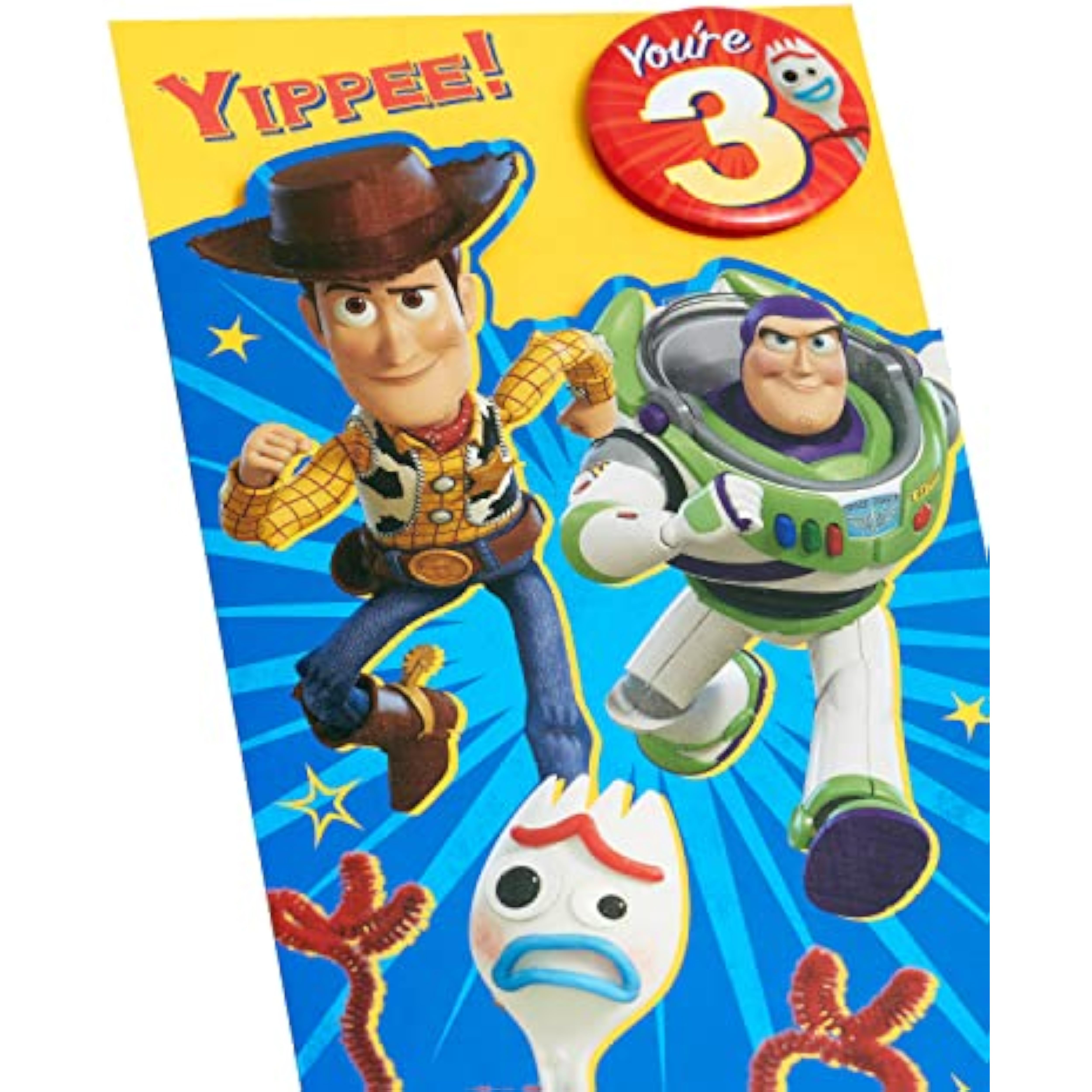 Disney Toy Story 3rd birthday greeting card featuring Woody and Buzz Lightyear from UK Greetings, with colorful birthday-themed design.