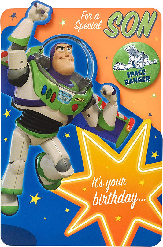Disney Toy Story Buzz Lightyear birthday greeting card with badge for son, featuring Buzz Lightyear in space-themed design.