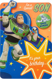 Disney Toy Story Buzz Lightyear birthday greeting card with badge for son, featuring Buzz Lightyear in space-themed design.
