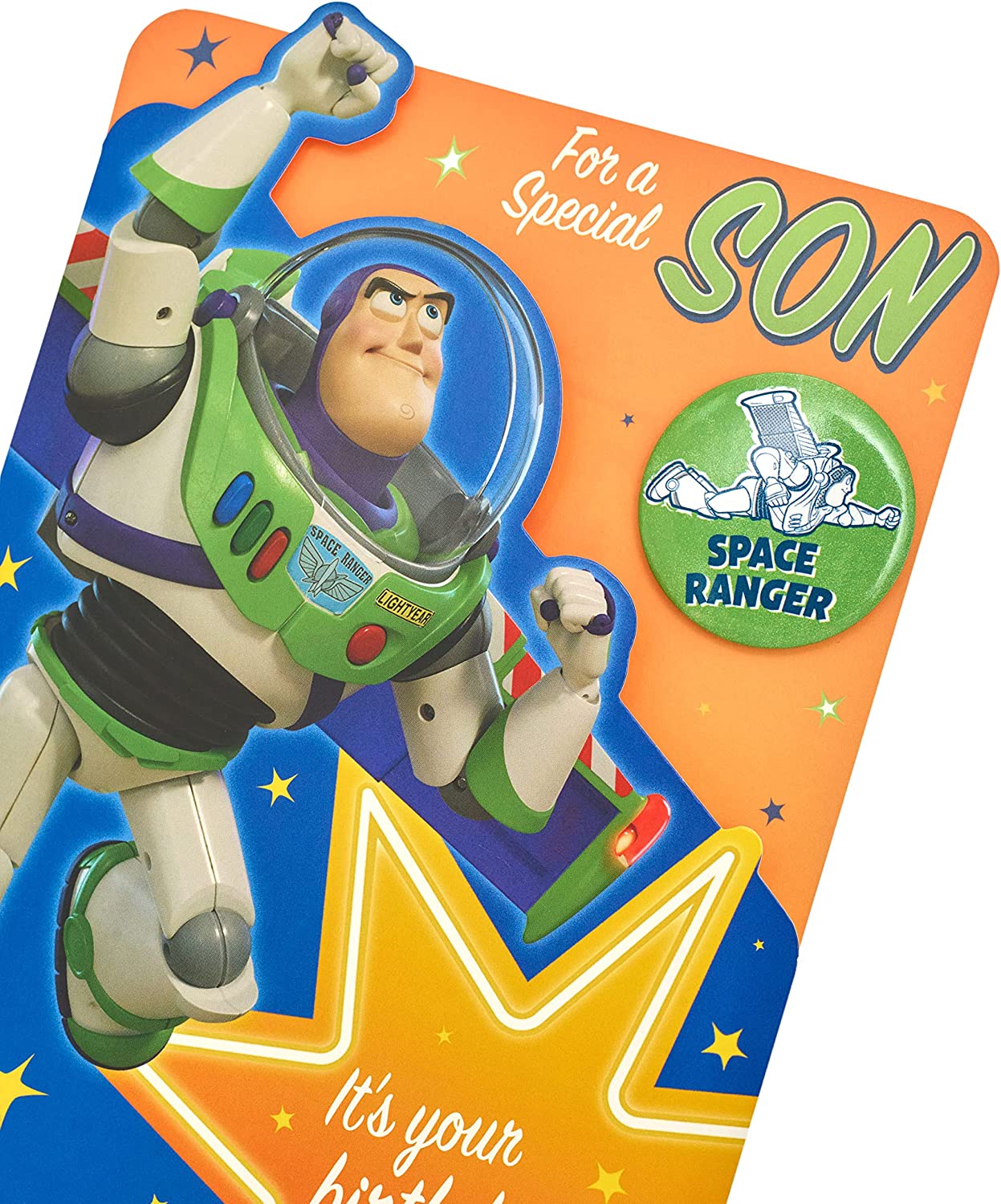 Disney Toy Story Buzz Lightyear birthday greeting card with badge from UK Greetings, featuring Buzz Lightyear in a playful pose.