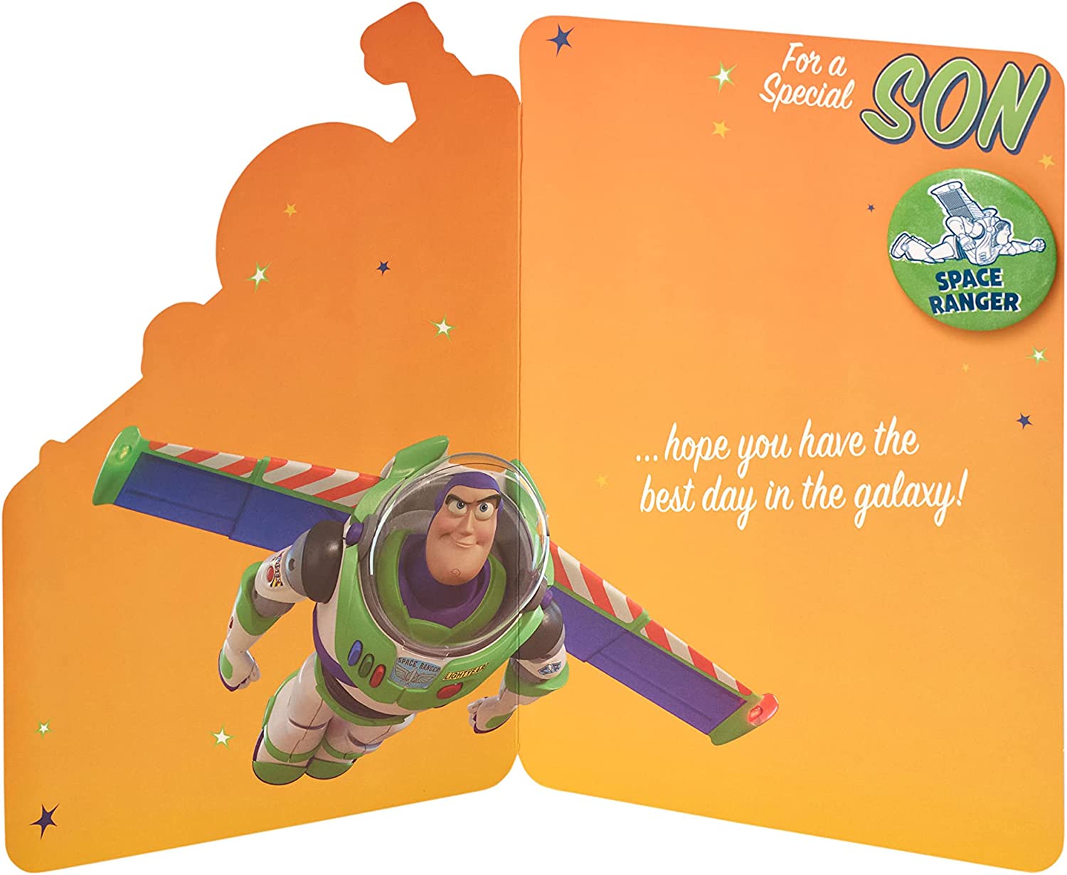 Disney Toy Story Buzz Lightyear birthday greeting card with badge, featuring colorful artwork from UK Greetings.