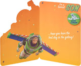 Disney Toy Story Buzz Lightyear birthday greeting card with badge, featuring colorful artwork from UK Greetings.