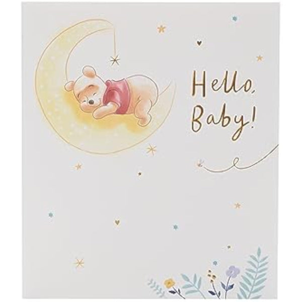 Disney Winnie the Pooh new baby greeting card with gold foil accents, featuring adorable Pooh illustration and cheerful design.