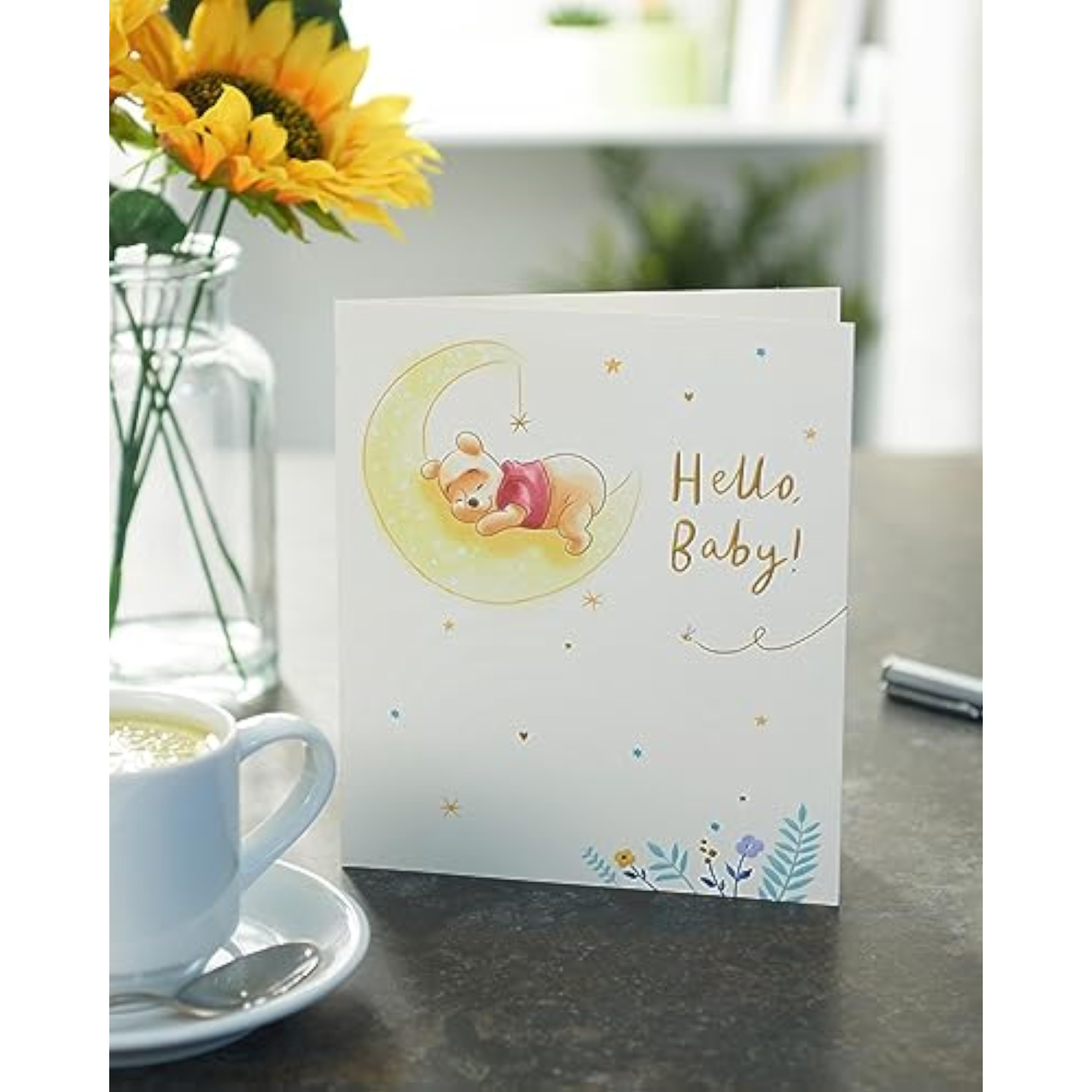 Disney Winnie the Pooh new baby greeting card with gold foil details, perfect for celebrating a newborn baby.