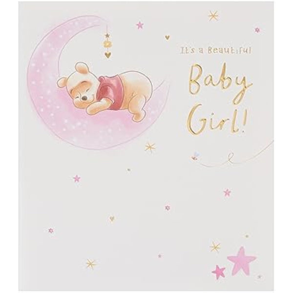 Disney Winnie the Pooh new baby girl greeting card with gold accents, featuring adorable Pooh illustration for a UK Greetings card.