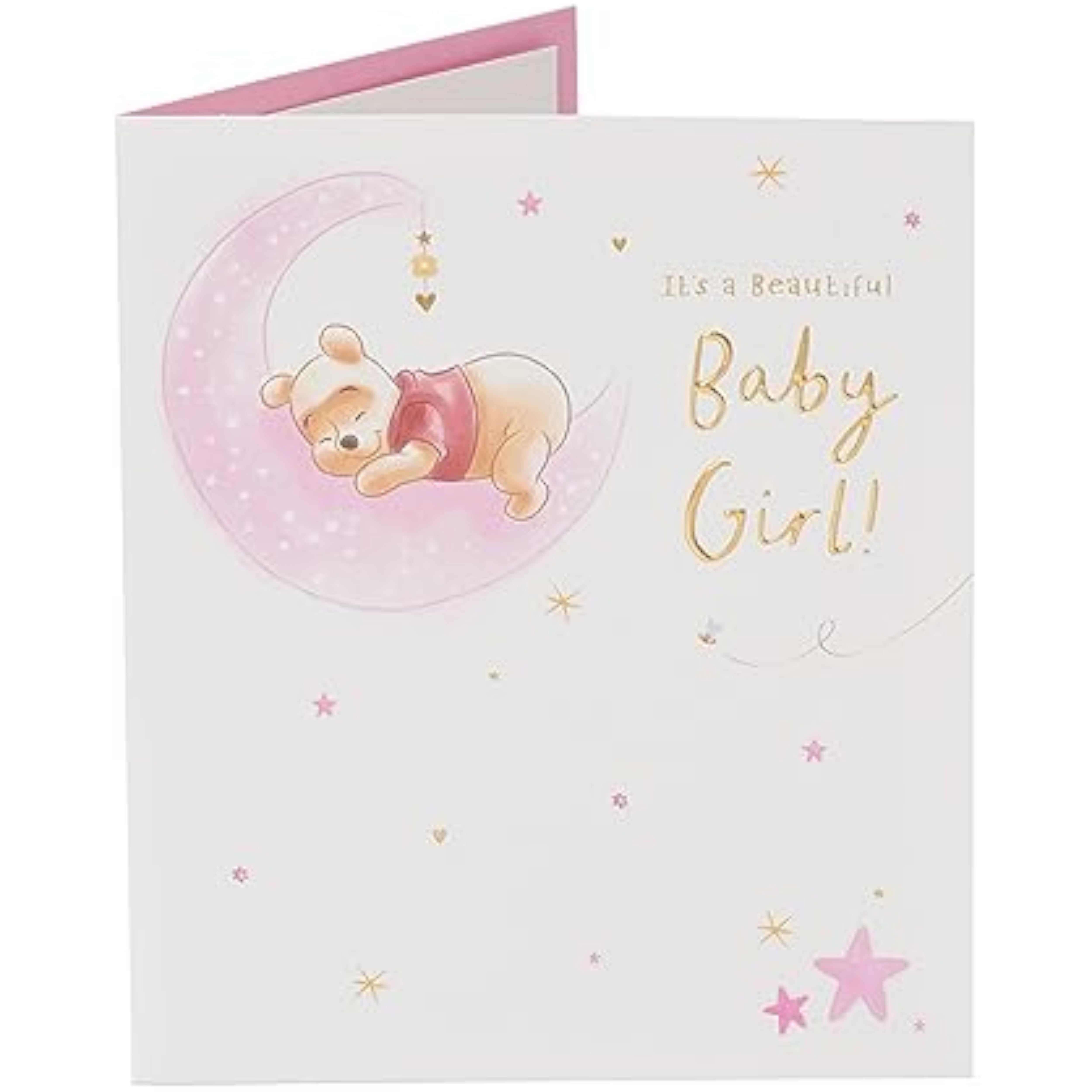 Disney Winnie the Pooh new baby girl greeting card by UK Greetings, featuring gold accents and adorable Winnie the Pooh design.