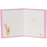 Disney Winnie the Pooh new baby girl greeting card with gold accents, UK Greetings, featuring adorable Pooh characters and soft pastel details.