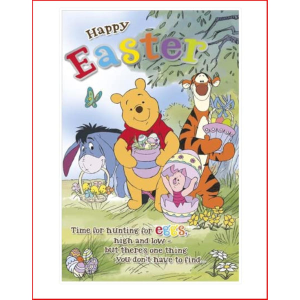 Disney Winnie The Pooh Easter greeting card featuring Pooh and friends with colorful floral design and festive theme.