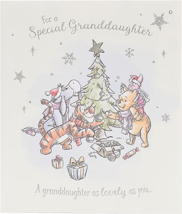 Disney Winnie the Pooh granddaughter Christmas greeting card by UK Greetings featuring Winnie the Pooh and festive holiday design.