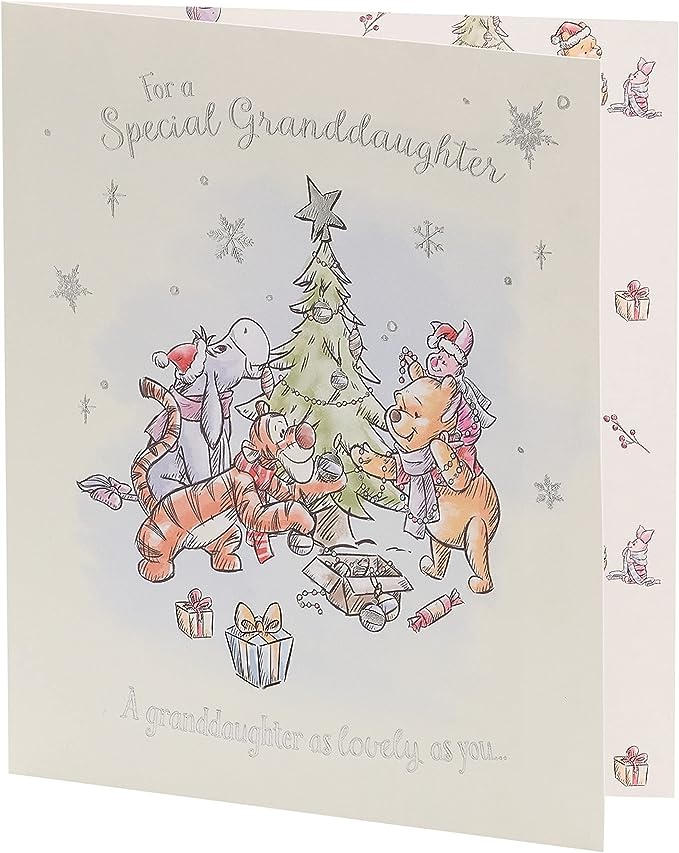 Disney Winnie the Pooh granddaughter Christmas greeting card with festive holiday design and cheerful illustration.