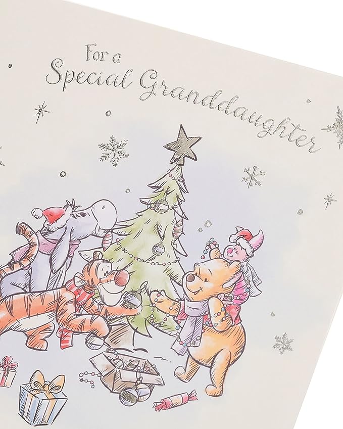 Disney Winnie the Pooh granddaughter Christmas greeting card with festive holiday design and cheerful illustration.