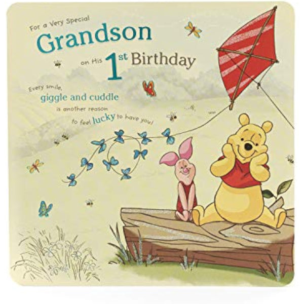 Disney Winnie the Pooh grandson first birthday greeting card with colorful illustrations and cheerful design.