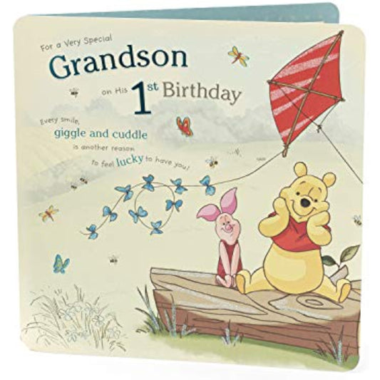Disney Winnie the Pooh first birthday greeting card featuring a colorful illustration of Winnie the Pooh for a grandson.