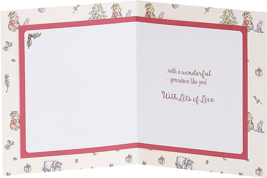 Disney Winnie the Pooh grandson Christmas greeting card with festive tree design, featuring colorful holiday illustration from UK Greetings.