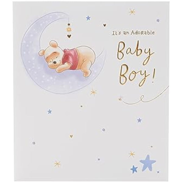 Disney Winnie The Pooh baby boy greeting card by UK Greetings featuring a cute Pooh illustration on a cheerful greeting card.