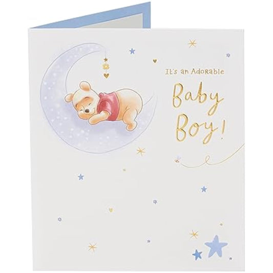 Disney Winnie the Pooh new baby boy greeting card by UK Greetings featuring Pooh Bear and a cheerful design.