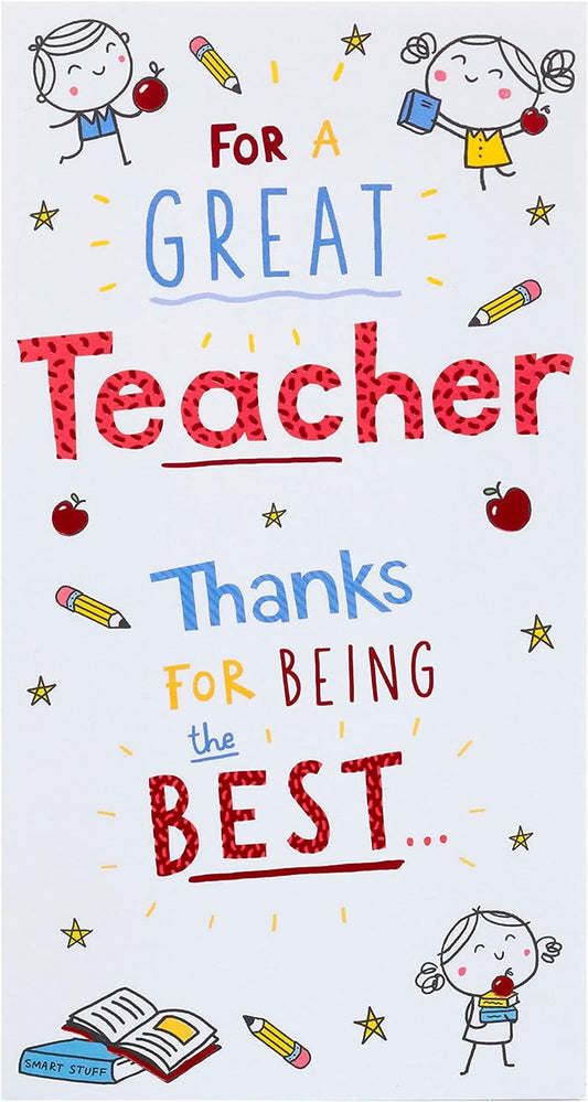 Doodle design thank you teacher greeting card by UK Greetings with colorful doodle artwork and a heartfelt message.