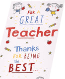 Doodle design thank you teacher greeting card by UK Greetings featuring colorful illustrations and heartfelt message.