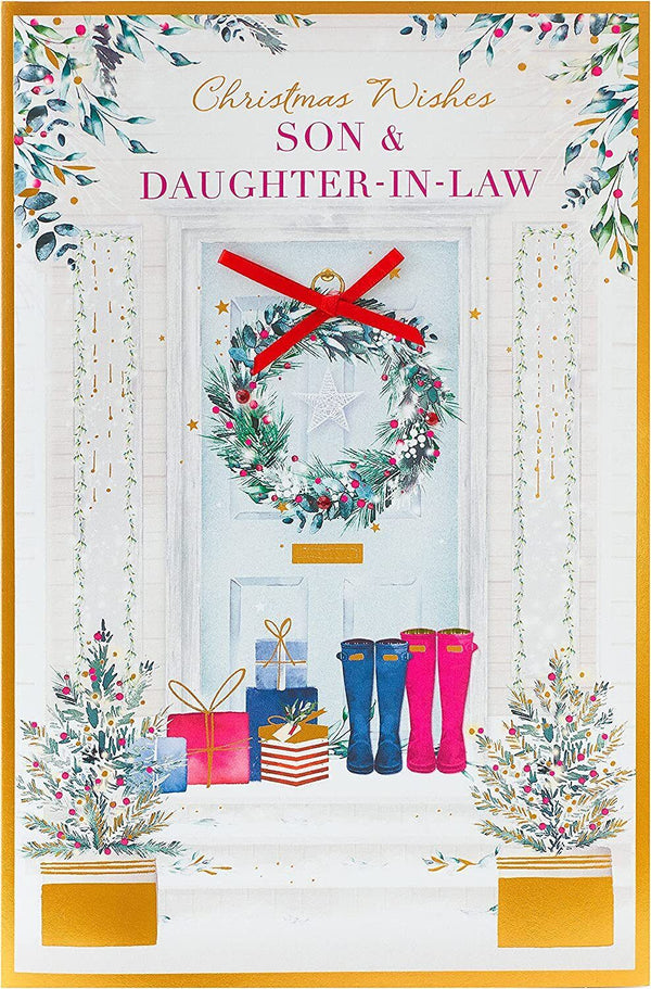 Greeting card featuring a doorway with a festive wreath, celebrating son and daughter-in-law for Christmas, by UK Greetings.
