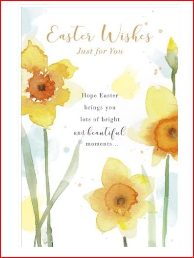 Easter greeting card featuring daffodils and Easter wishes from UK Greetings, with colorful floral illustrations.