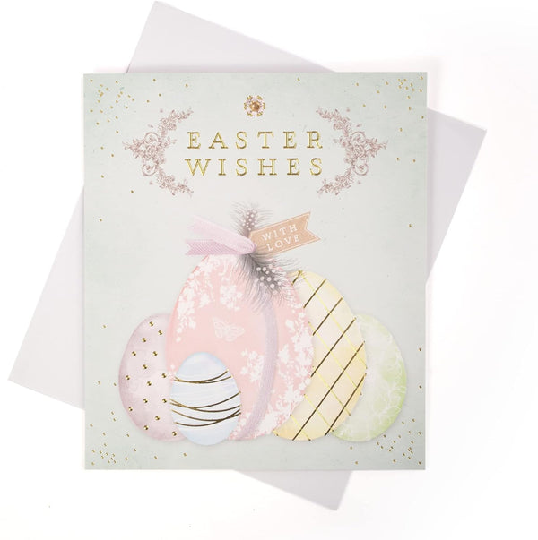 Easter greeting card with pastel floral design and "Easter Wishes with Love" message by UK Greetings.