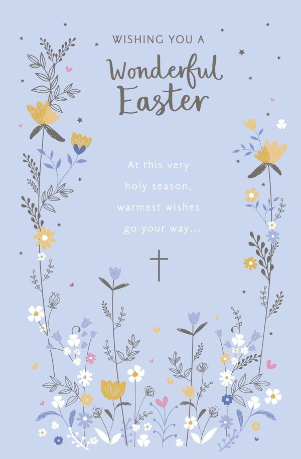 Easter greeting card featuring a silver cross and floral design, perfect for Holy Season celebrations.