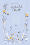 Easter greeting card featuring a silver cross and floral design, perfect for Holy Season celebrations.