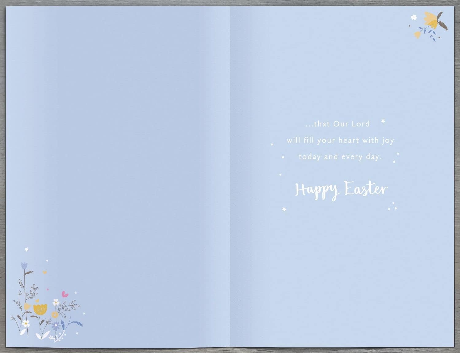 Easter greeting card featuring a silver cross and flowers with religious motifs, designed by UK Greetings for Holy Season celebrations.