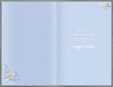 Easter greeting card featuring a silver cross and flowers with religious motifs, designed by UK Greetings for Holy Season celebrations.