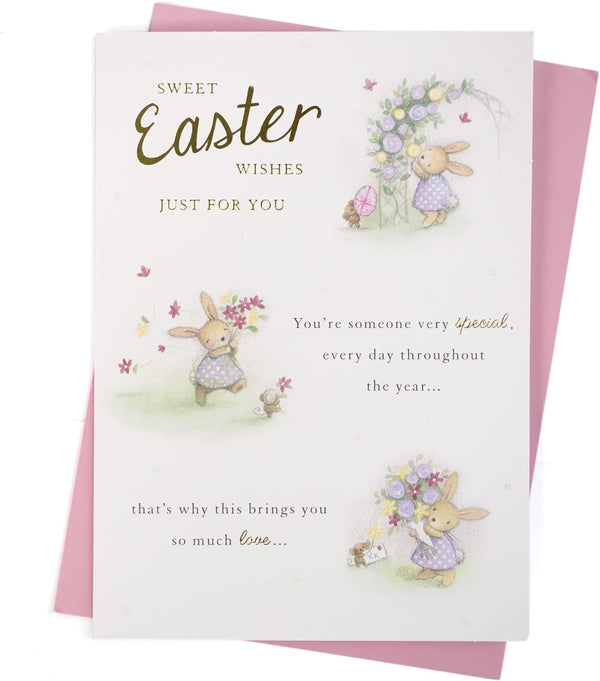 Easter greeting card featuring colorful Easter eggs and floral design with "Sweet Easter Wishes Just for You" message.