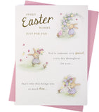 Easter greeting card featuring colorful Easter eggs and floral design with "Sweet Easter Wishes Just for You" message.