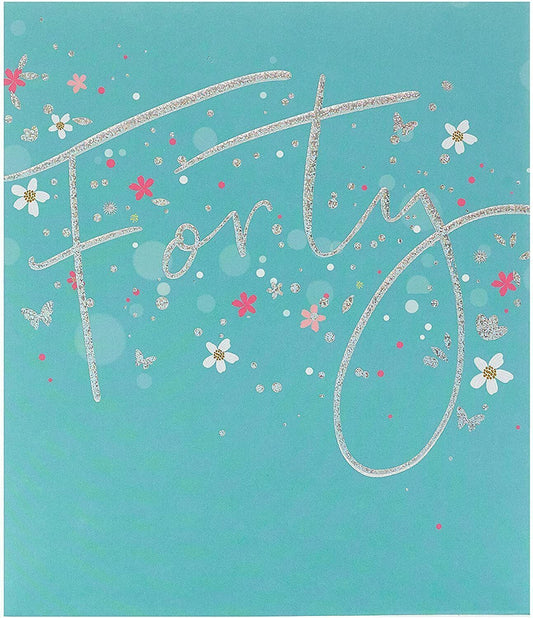 Elegant 40th birthday silver foil greeting card by UK Greetings featuring a stylish design for celebrating milestone birthdays.