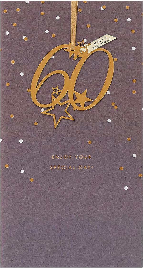 Elegant 60th birthday hanging keepsake greeting card by UK Greetings with festive design and decorative elements.