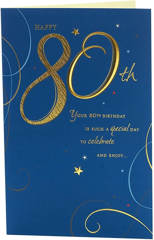 Elegant 80th birthday milestone greeting card by UK Greetings featuring colorful floral design and celebratory message.