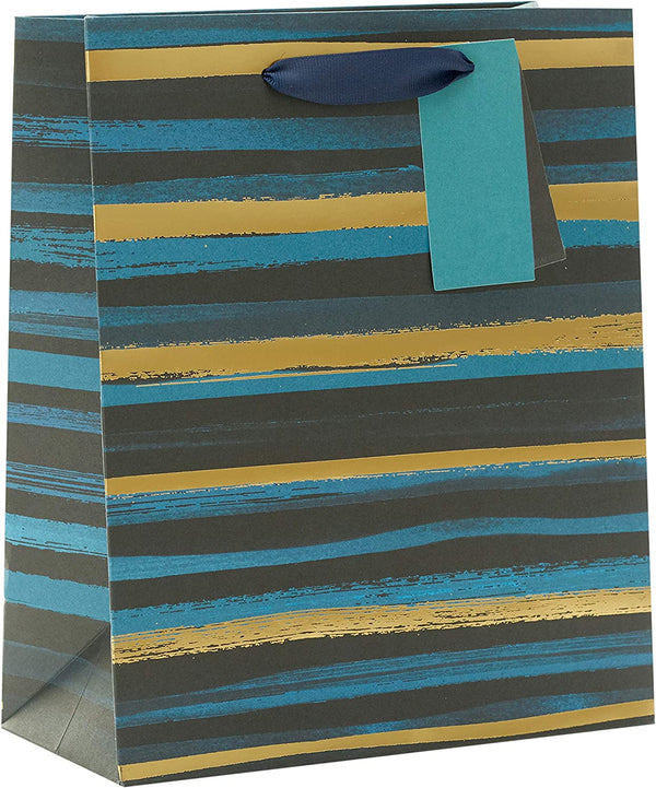 Elegant blue and gold striped gift bag from UK Greetings, featuring a decorative design perfect for gift presentation.