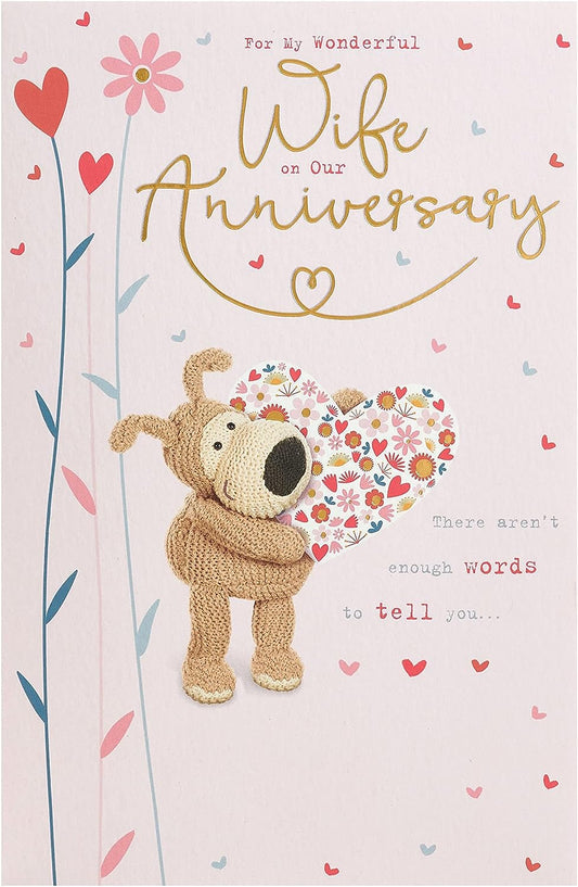 Elegant Boofle gold foil anniversary greeting card for wife, featuring adorable character design and shiny gold accents.