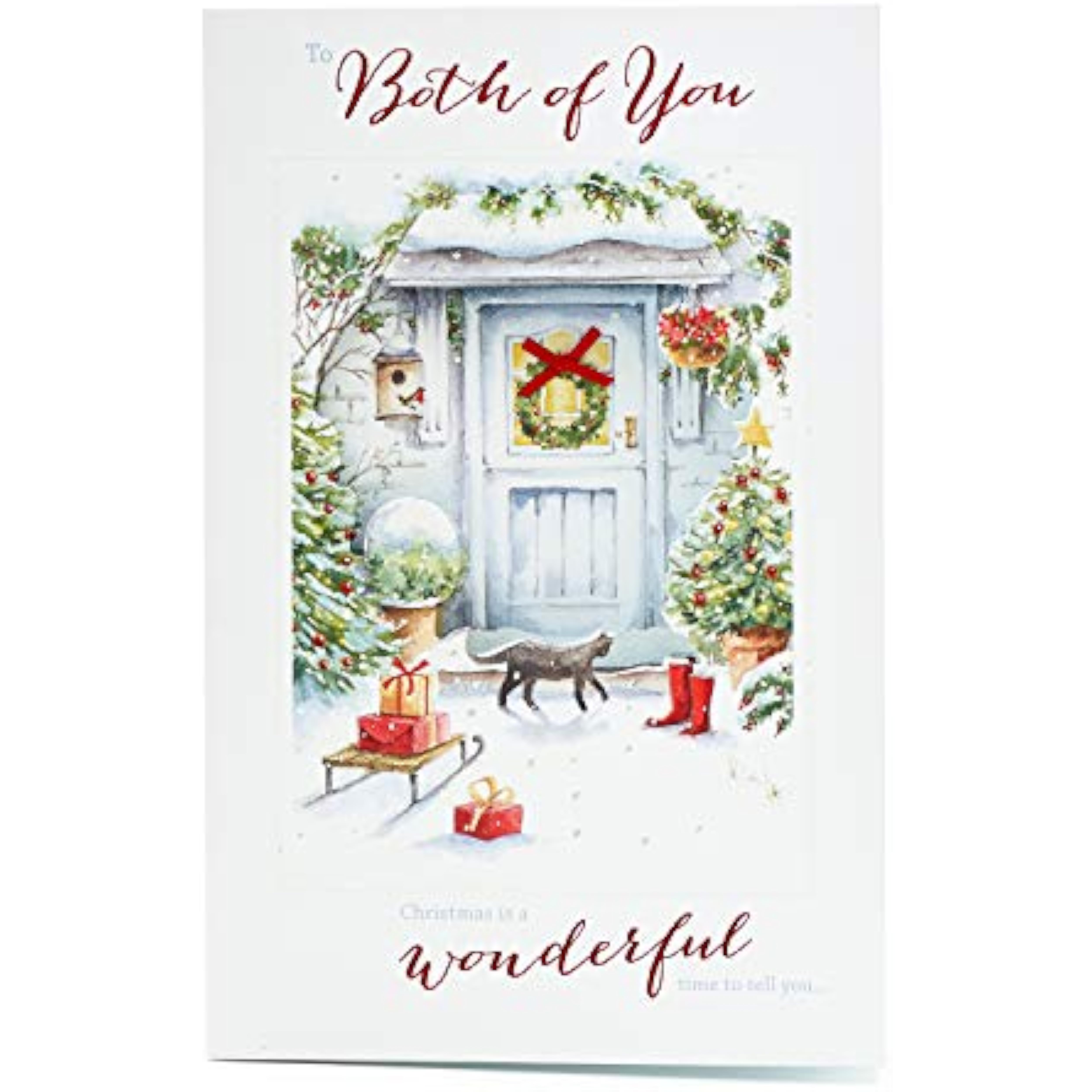 Elegant UK Greetings Christmas greeting card for couples featuring glitter accents and a decorative bow.