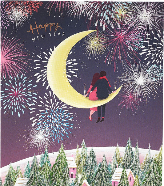 Elegant couple sitting on a half moon New Year Christmas greeting card by UK Greetings, featuring festive holiday artwork.