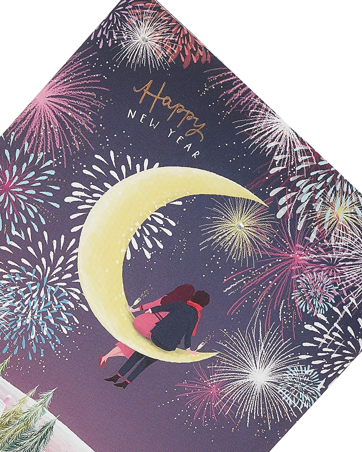 Elegant couple sitting on a half moon New Year Christmas greeting card with festive design and holiday theme.