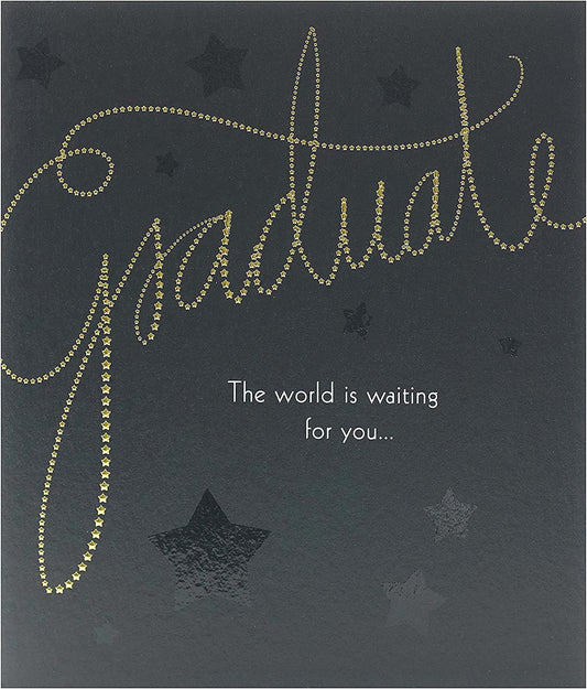 Elegant foil embossed graduation greeting card with gold accents, featuring a celebratory design for graduates.