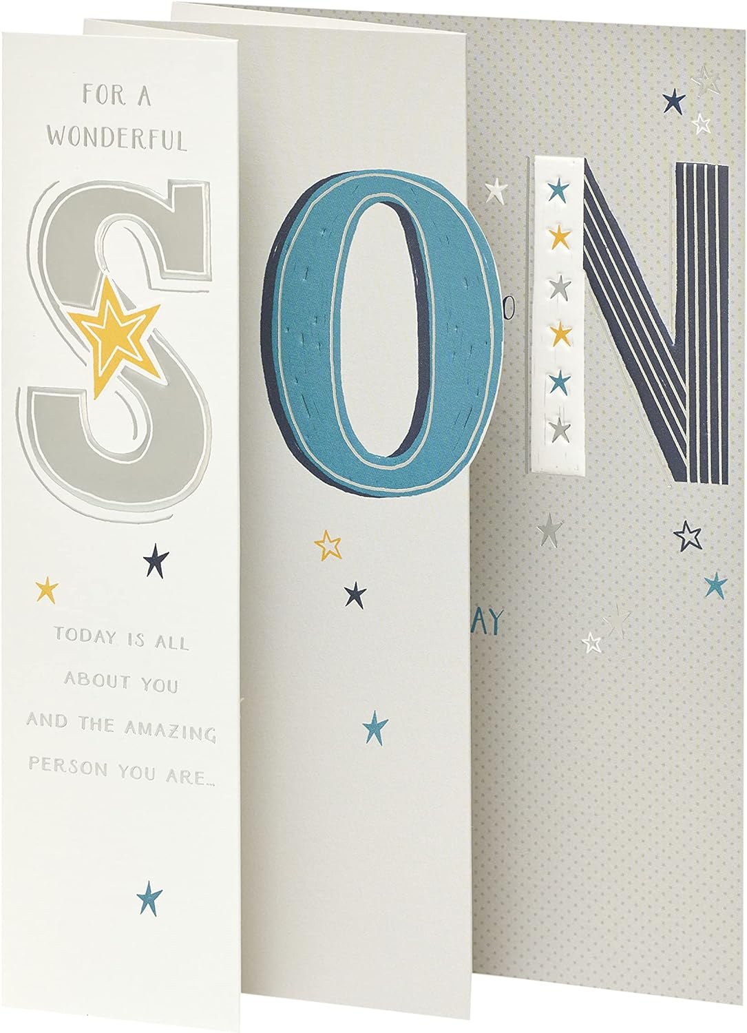 Elegant foil son birthday greeting card with colorful design and festive message, perfect for celebrating a special occasion.
