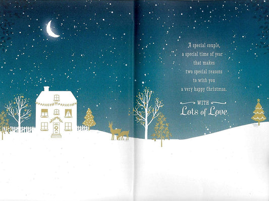 Elegant gold foiled Christmas greeting card for son and daughter-in-law, featuring festive holiday design from UK Greetings.