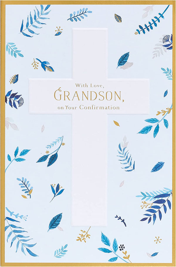 Elegant gold leaf grandson confirmation greeting card with heartfelt design, perfect for celebrating a special religious milestone.