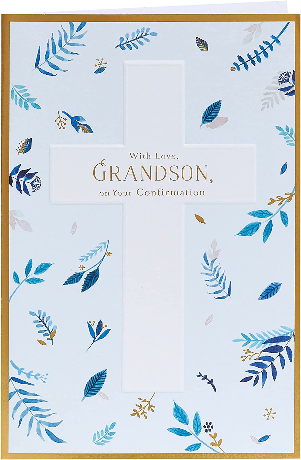 Elegant gold leaf grandson confirmation greeting card with intricate design, perfect for celebrating a special religious milestone.
