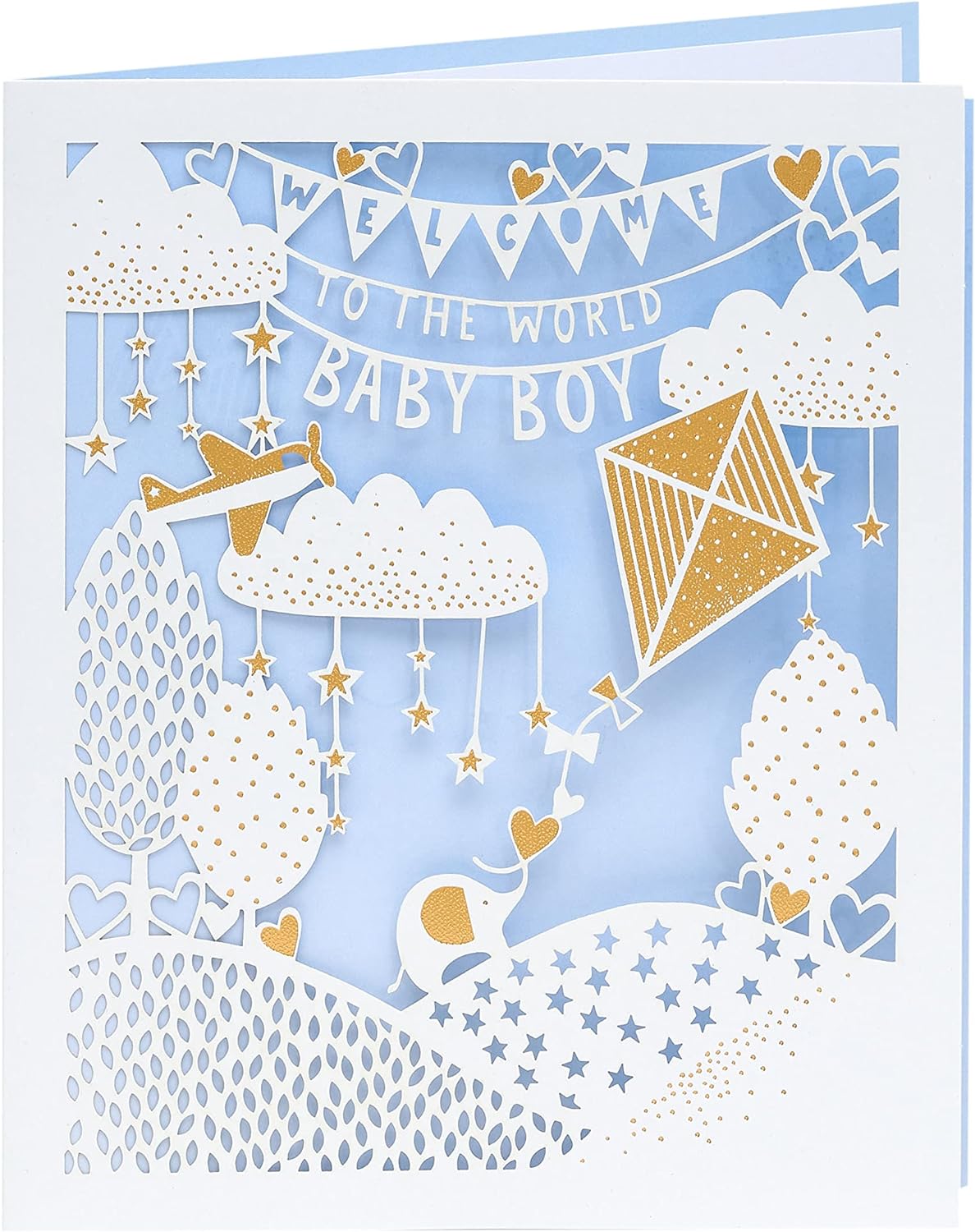 Elegant laser-cut baby boy arrival greeting card with delicate design and heartfelt message, perfect for celebrating a new arrival.